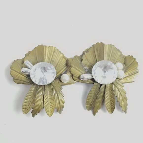 Vintage Bold Rhinestone and Gold Tone Clip On Earrings, Funky 80s Style Design - Picture 1 of 7